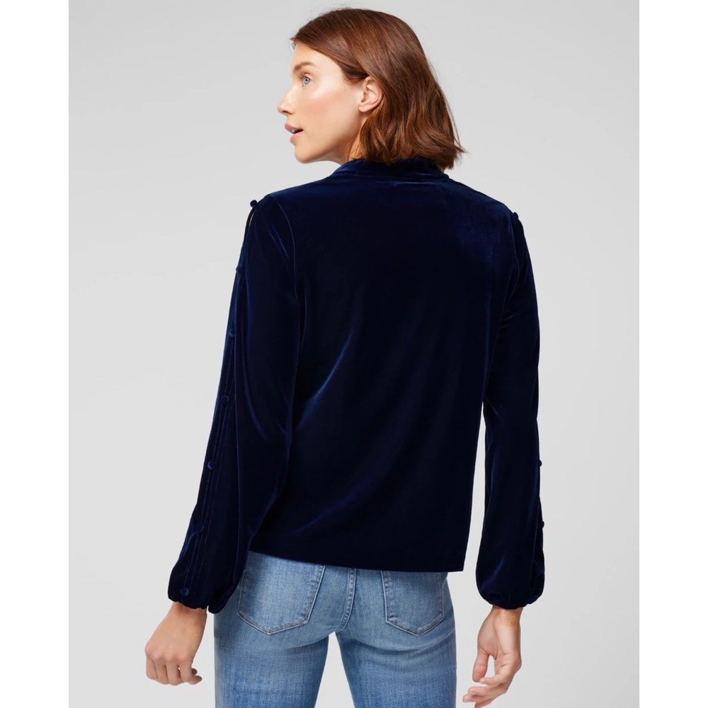 WHBM Long Sleeve Navy Blue Velvet V-Neck Blouse Buttons Split Sleeve Women's S - Picture 3 of 9